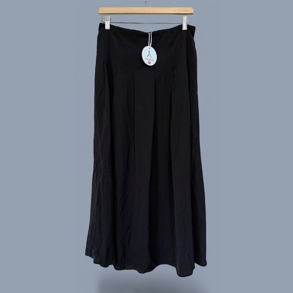 Women's‎ Black NWT Anrabess Pleated Classic Midi Elastic Waist Back Pockets L